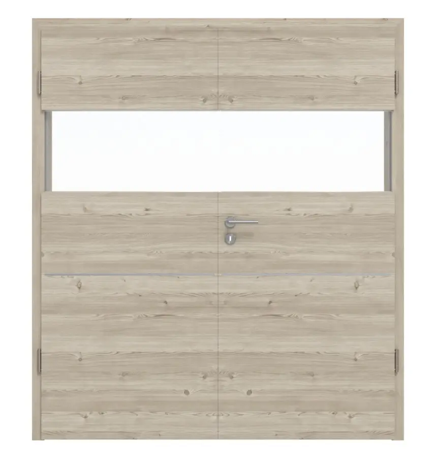 HÖRMANN drzwi dwuskrzydłowe Pure 2 modrzew jasny szczotkowany wzdłuż Duradecor DesignLine z przeszkleniem wzdłuż ze zlicowaną listwą Plain 79-7 z ościeżnicą