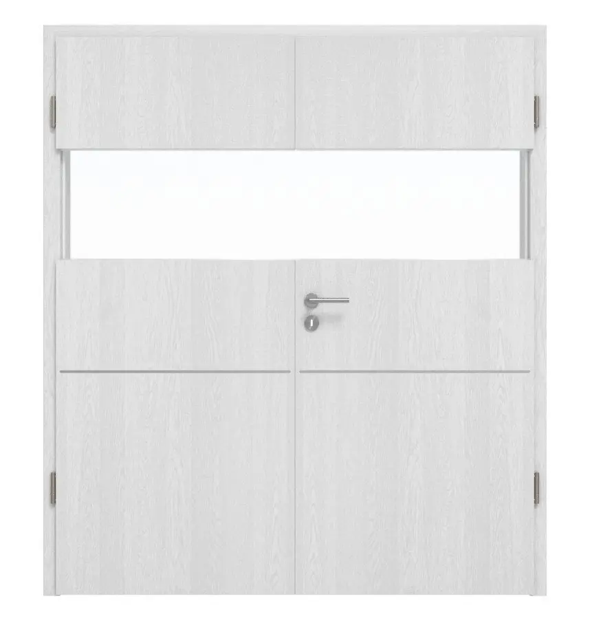 Widok frontowy drzwi dwuskrzydłowych marki Huga Smart 2 dąb biały Durat Concept z przeszkleniem wzdłuż i zlicowaną listwą Plain 79-7 z ościeżnicą.