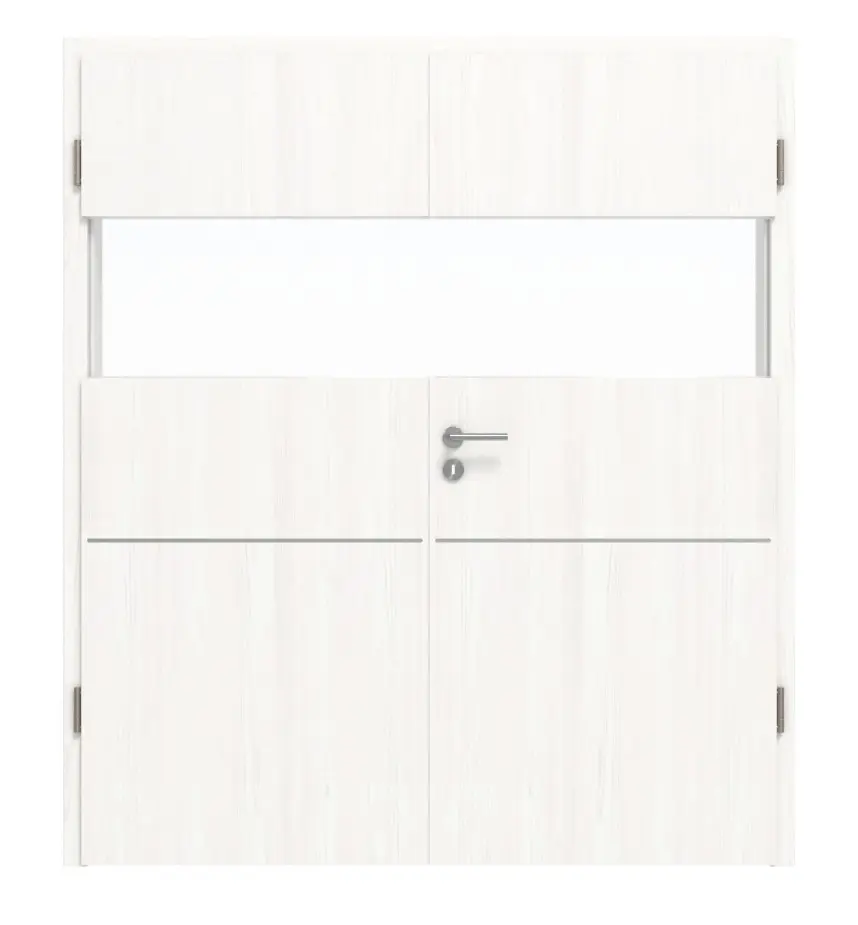 HÖRMANN Drzwi dwuskrzydłowe Pure 2 biel szczotkowana Duradecor DesignLine z przeszkleniem poprzecznym z licującą listwą Plain 79-7 z ościeżnicą