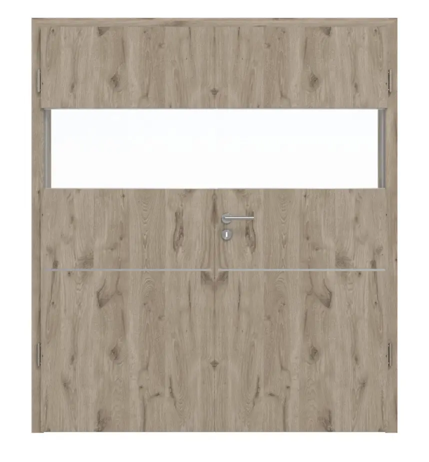 HÖRMANN drzwi dwuskrzydłowe Pure 2 dąb północny Duradecor DesignLine z przeszkleniem wzdłużnym ze zlicowaną listwą Plain 79-7 z ościeżnicą