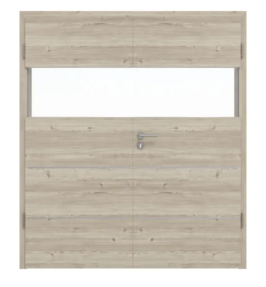 HÖRMANN drzwi 2-skrzydłowe Pure 2 szczotkowany modrzew jasny wzdłuż Duradecor DesignLine z przeszkleniem wzdłuż i zlicowaną listwą Plain 80-7 z ościeżnicą.