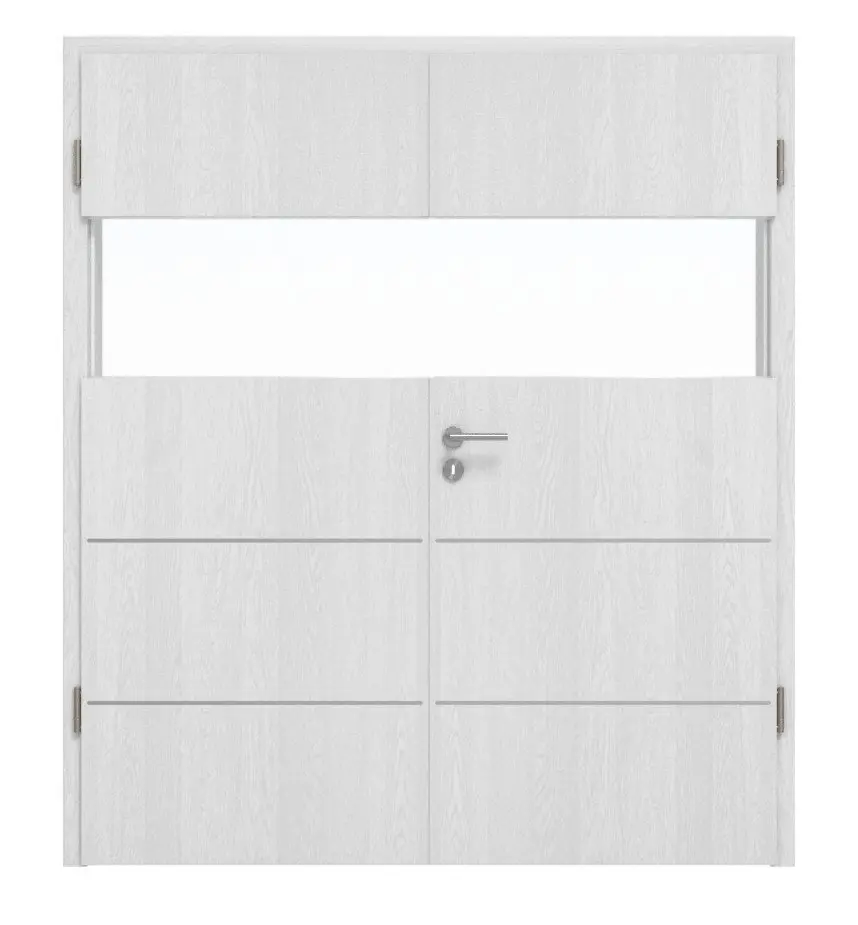 Widok frontowy 2-skrzydłowych drzwi Huga Smart 2 dąb biały Durat Concept z przeszkleniem wzdłuż, ze zlicowaną listwą Plain 80-7 i ościeżnicą.