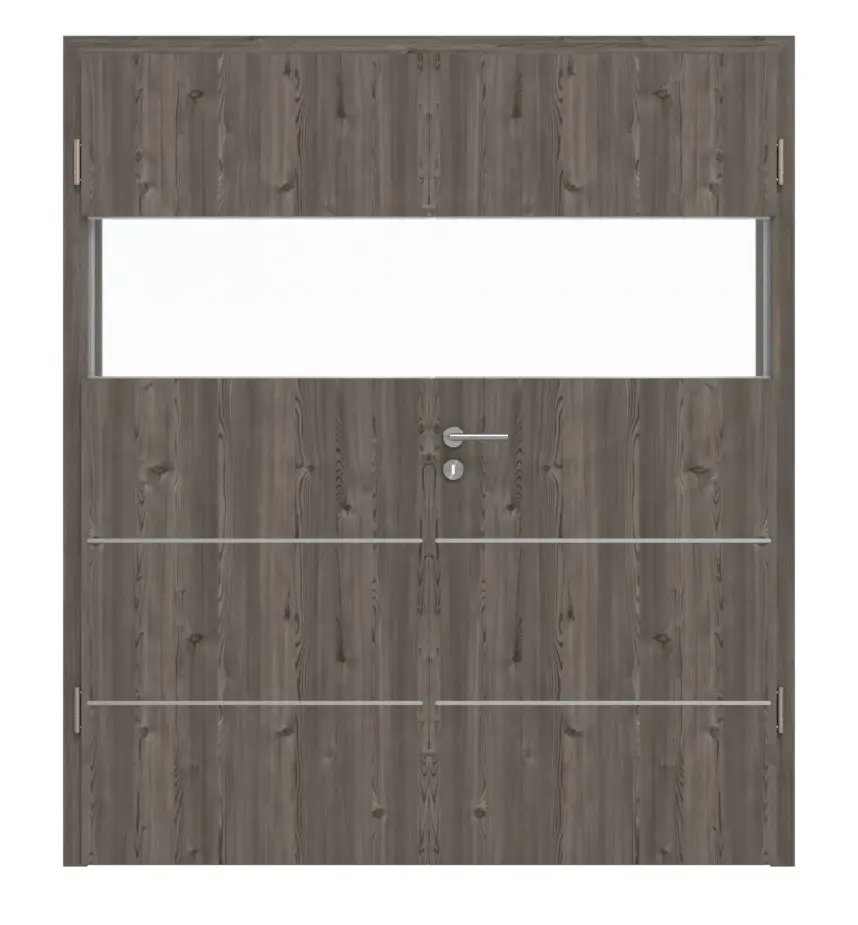 HÖRMANN drzwi dwuskrzydłowe Pure 2 szczotkowany modrzew ciemny Duradecor DesignLine z przeszkleniem wzdłuż ze zlicowaną listwą Plain 80-7 z ościeżnicą