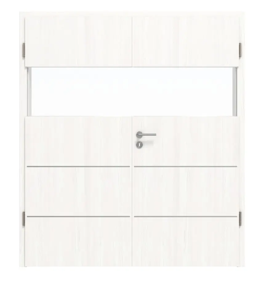 HÖRMANN Drzwi dwuskrzydłowe Pure 2 biel szczotkowana Duradecor DesignLine z przeszkleniem poprzecznym z licującą listwą Plain 80-7 z ościeżnicą