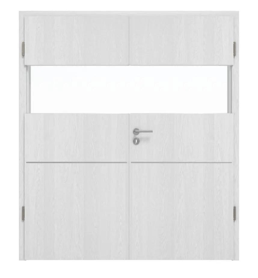 HÖRMANN drzwi dwuskrzydłowe Pure 2 dąb biały Duradecor DesignLine z przeszkleniem wzdłuż z listwą Plain 79 z ościeżnicą