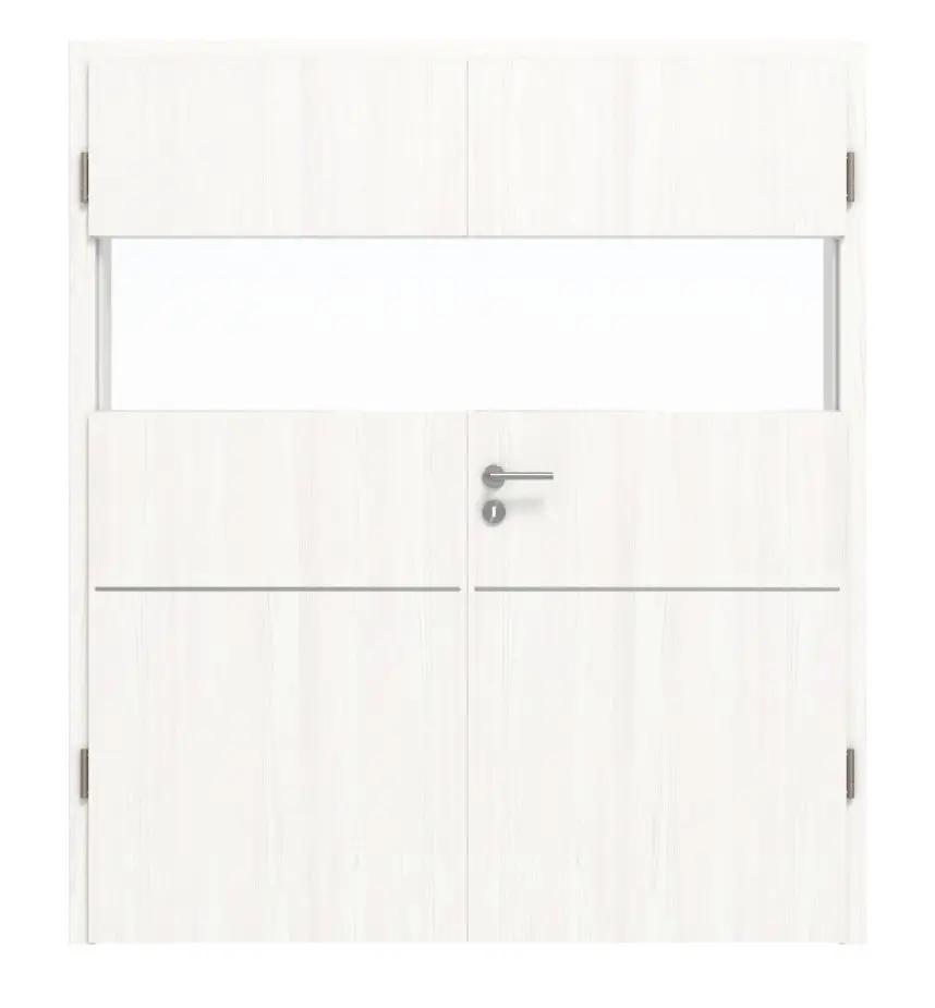 HÖRMANN drzwi dwuskrzydłowe Pure 2 biel szczotkowana Duradecor DesignLine z przeszkleniem układ poprzeczny z lizeną 79 i ościeżnicą