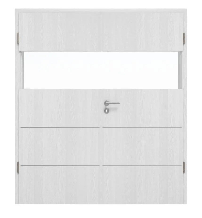 HÖRMANN drzwi dwuskrzydłowe Pure 2 dąb biały Duradecor DesignLine z przeszkleniem wzdłuż z listwą Plain 80 z ościeżnicą