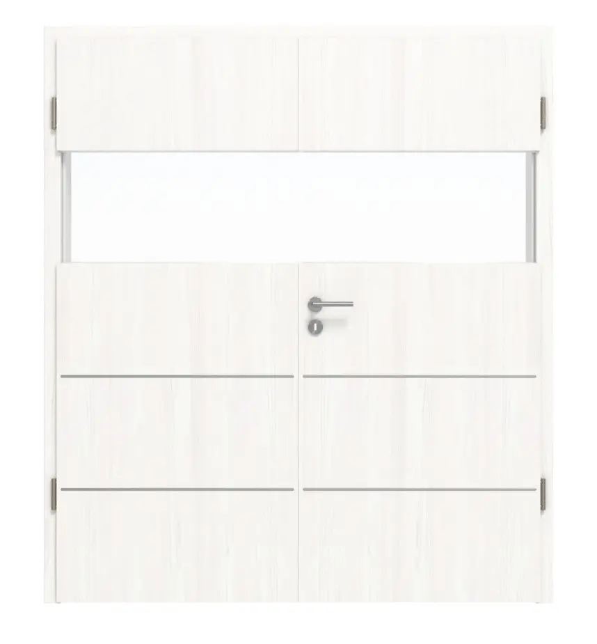 HÖRMANN Drzwi dwuskrzydłowe Pure 2 biel szczotkowana Duradecor DesignLine z przeszkleniem poprzecznym z listwą Plain 80 z ościeżnicą