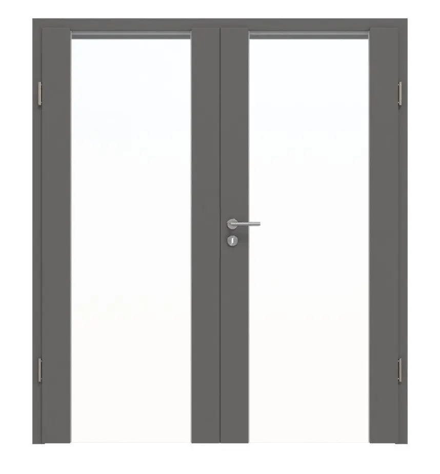 Widok frontowy marki Huga drzwi dwuskrzydłowe Sueno 1 Hygge szary RAL 7037 Duradecor Concept z ościeżnicą.