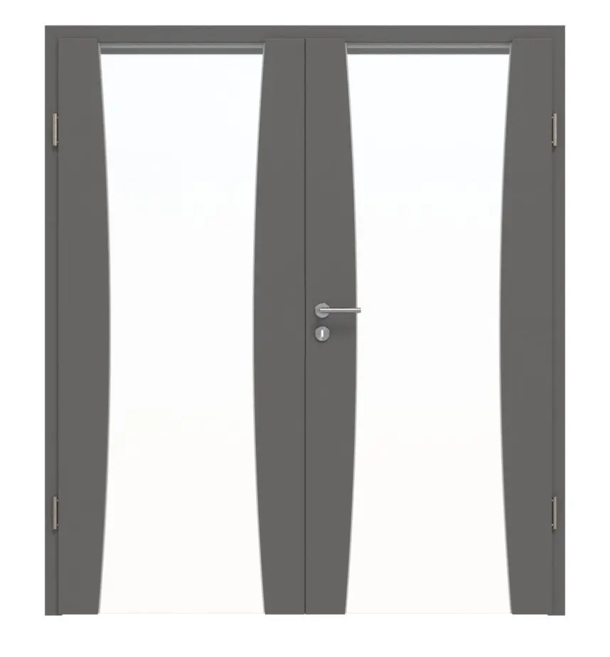 Widok frontowy drzwi dwuskrzydłowych Huga Sueno 2 Hygge szary RAL 7037 Duradecor Concept z ościeżnicą