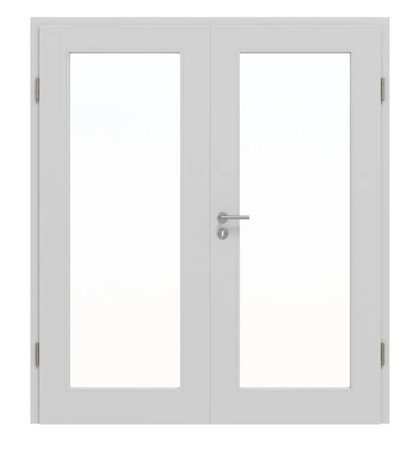 JELD-WEN Drzwi dwuskrzydłowe Shape 1F niklowo-szare podobne do RAL 7047 ExpertLack z przeszkleniem LA-1G z ościeżnicą