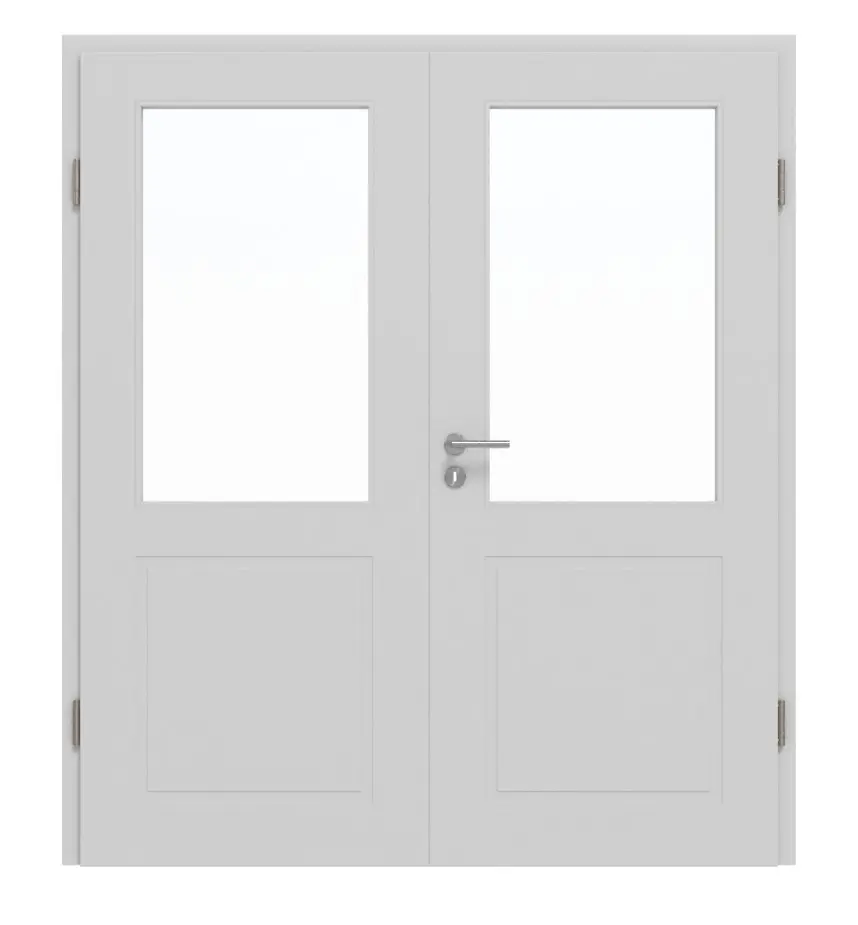 JELD-WEN drzwi dwuskrzydłowe Shape 2F/3F niklowo-szare podobne do RAL 7047 ExpertLack z przeszkleniem LA-1G z ościeżnicą