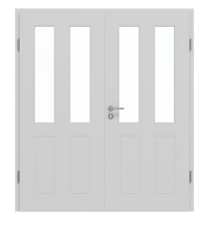 JELD-WEN drzwi dwuskrzydłowe Shape 4F szary niklowy podobny do RAL 7047 ExpertLack z przeszkleniem LA-2G z ościeżnicą