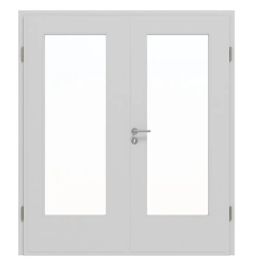 JELD-WEN Drzwi dwuskrzydłowe Shape Zero w kolorze niklowo-szarym podobnym do RAL 7047 Lakier Expert z wycięciem na światło LÖ-33 z ościeżnicą