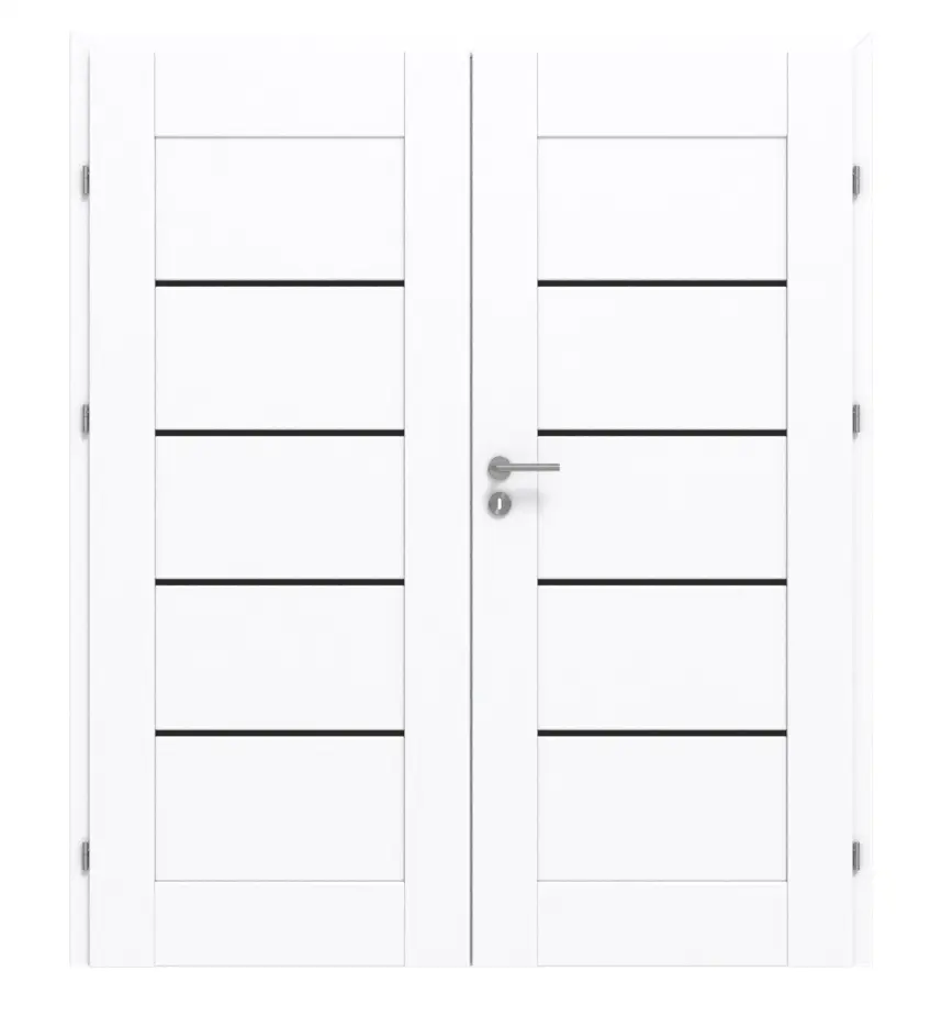 Widok frontowy drzwi dwuskrzydłowe Stone II M3 biel arktyki folia dekoracyjna w tym przeszklenie i ościeżnica