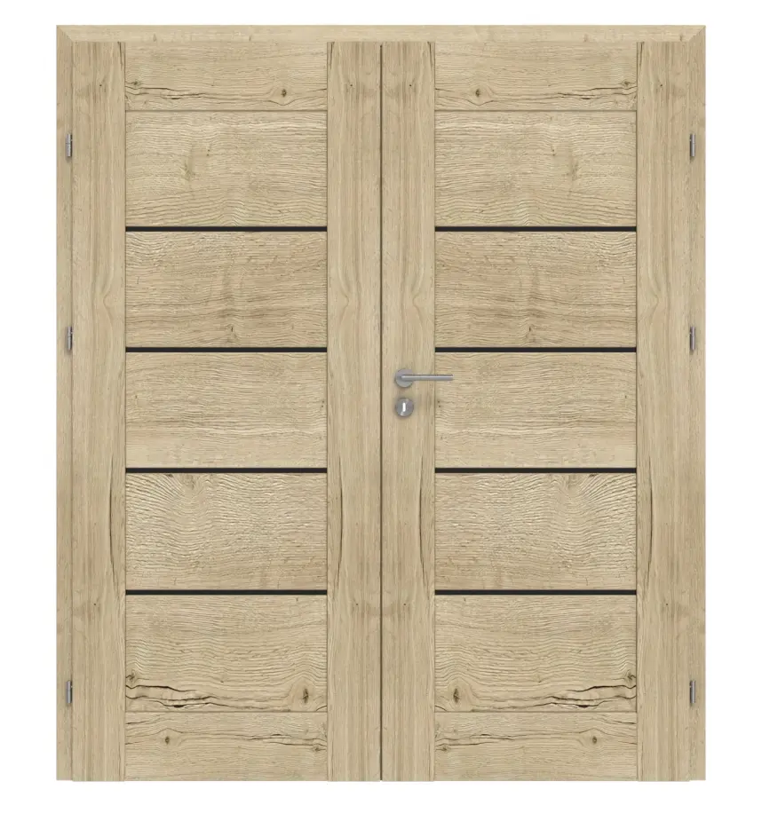 Widok frontowy drzwi dwuskrzydłowych Stone II M3 dąb Cleveland folia dekoracyjna z przeszkleniem i ościeżnicą