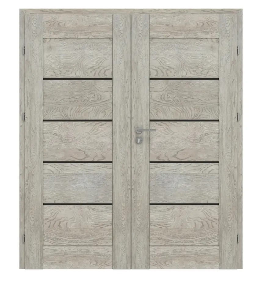 Widok frontowy drzwi dwuskrzydłowych Stone II M3 dąb Gessato folia dekoracyjna z przeszkleniem i ościeżnicą