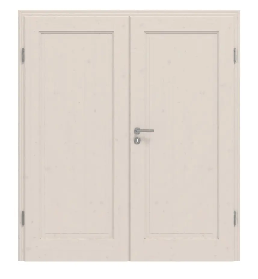 Widok frontowy modelu TE-1, świerk sękaty, lakierowane na biało (pigmentowane), drewno lite, drzwi dwuskrzydłowe - Twojedrzwi24