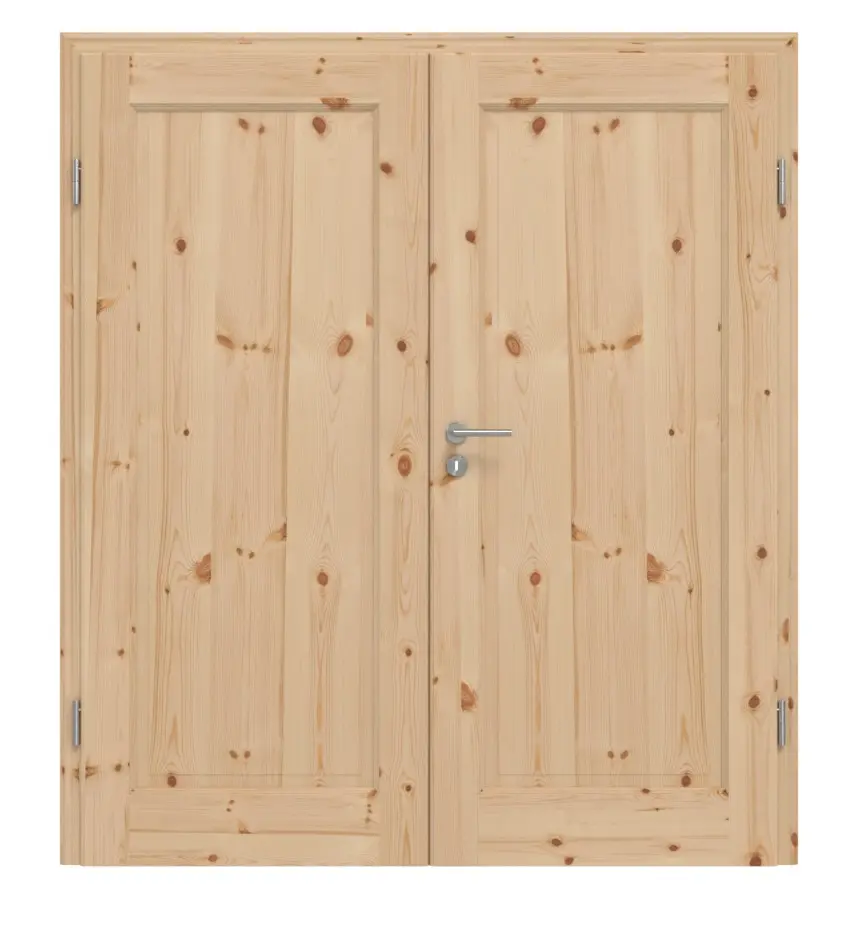 Widok frontowy modelu TE-1 sosna sękate surowe drewno lite drzwi dwuskrzydłowe - Twojedrzwi24