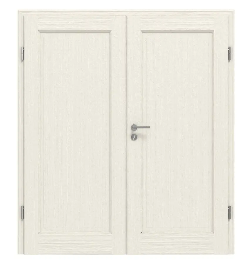 Frontansicht von Doppelflügeltür TE-1 Nordische Fichte astarm gebürstet weiß lackiert Massivholz mit Zarge