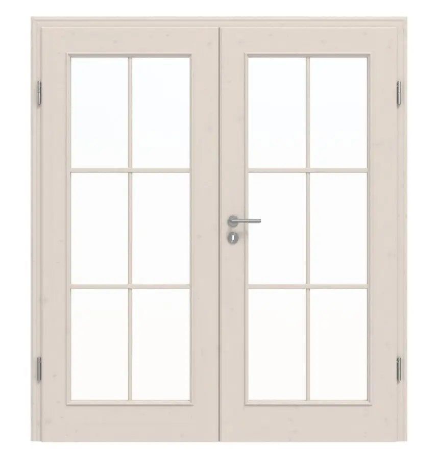 Widok frontowy modelu TE-15, świerk sękaty, lakierowane na biało (pigmentowane), drewno lite, drzwi dwuskrzydłowe - Twojedrzwi24