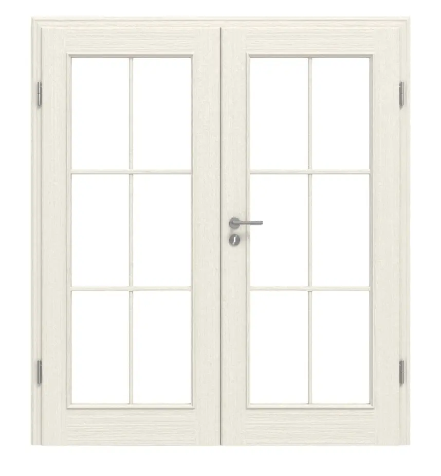 Drzwi 2-skrzydłowe TE-15 Świerk skandynawski bezsęczny szczotkowane, białe, lakierowane drewno lite z ościeżnicą