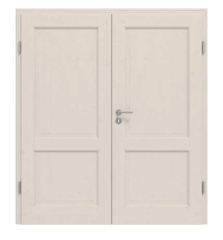 Widok frontowy modelu TE-2, świerk sękaty, lakierowane na biało (pigmentowane), drewno lite, drzwi dwuskrzydłowe - Twojedrzwi24