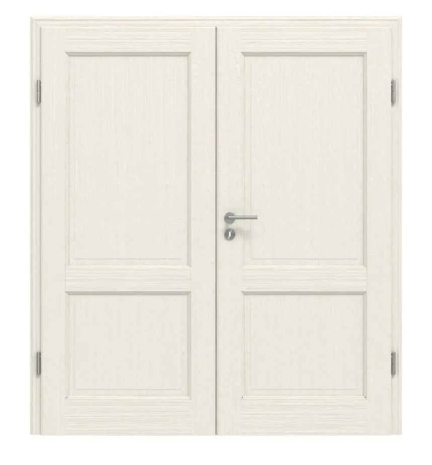 Drzwi dwuskrzydłowe TE-2 świerk skandynawski bezsęczny szczotkowane, białe, lakierowane drewno lite z ościeżnicą