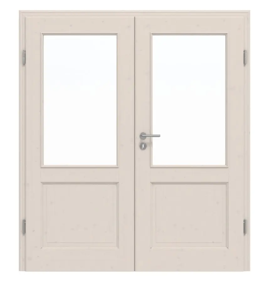 Widok frontowy modelu TE-23, Świerk sękaty, lakierowane na biało (pigmentowane), drewno lite, drzwi dwuskrzydłowe - Twojedrzwi24