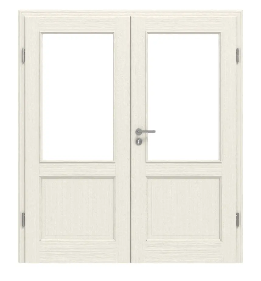 Drzwi dwuskrzydłowe TE-23 świerk skandynawski bezsęczny szczotkowane, białe, lakierowane drewno lite z ościeżnicą
