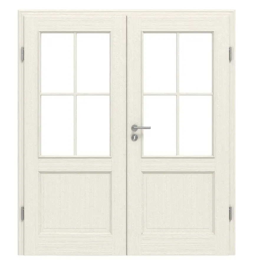 Widok frontowy drzwi dwuskrzydłowych TE-24 Świerk skandynawski bezsęczny szczotkowane, białe, lakierowane drewno lite z ościeżnicą