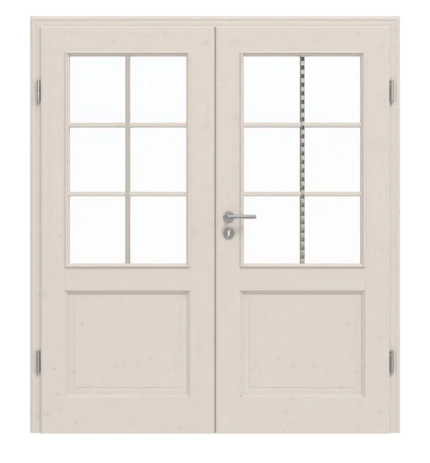 Widok frontowy modelu TE-25, świerk sękaty, lakierowane na biało (pigmentowane), drewno lite, drzwi dwuskrzydłowe - Twojedrzwi24