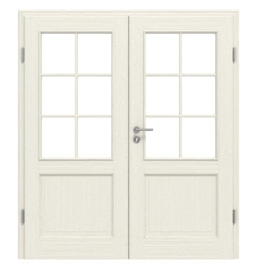 Widok frontowy drzwi dwuskrzydłowych TE-25, świerk skandynawski bezsęczny, szczotkowane, białe, lakierowane drewno lite z ościeżnicą.