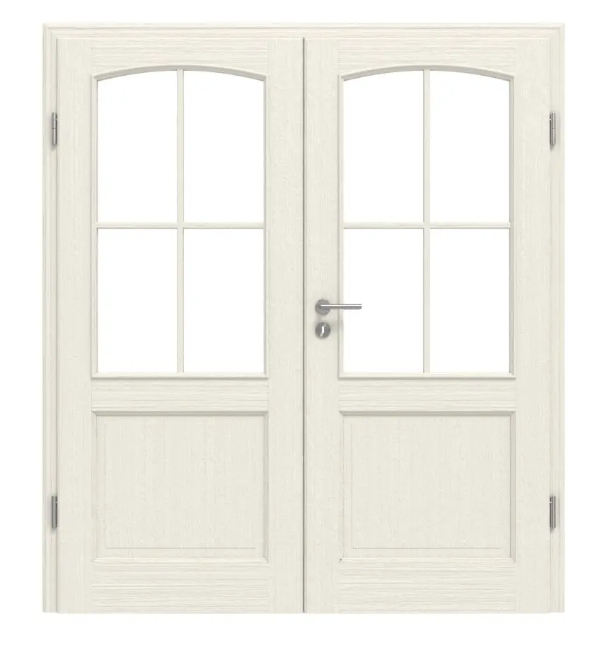 Drzwi dwuskrzydłowe TE-29 Świerk skandynawski bezsęczny szczotkowane, białe, lakierowane drewno lite z ościeżnicą