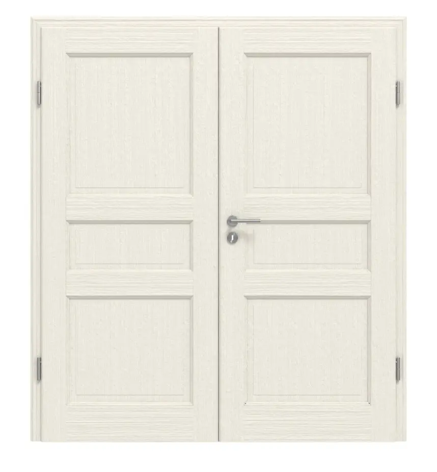 Drzwi dwuskrzydłowe TE-3, świerk skandynawski bezsęczny, szczotkowane, białe, lakierowane, drewno lite, z ościeżnicą