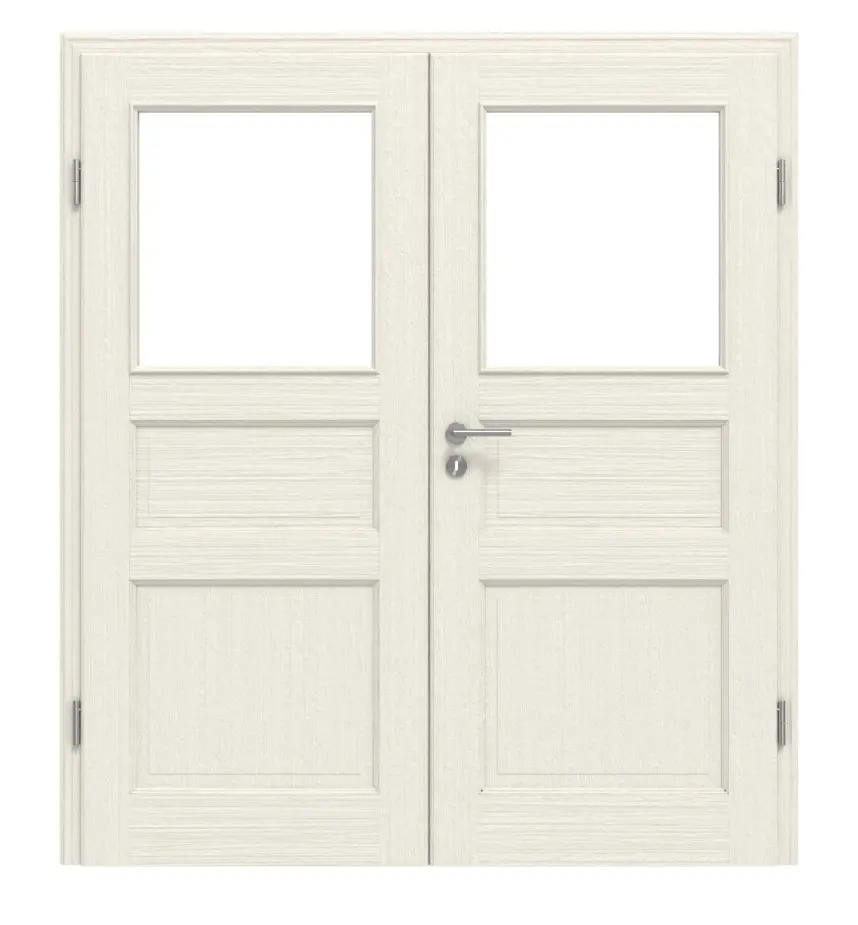 Drzwi dwuskrzydłowe TE-38 Świerk skandynawski bezsęczny szczotkowane, białe, lakierowane drewno lite z ościeżnicą