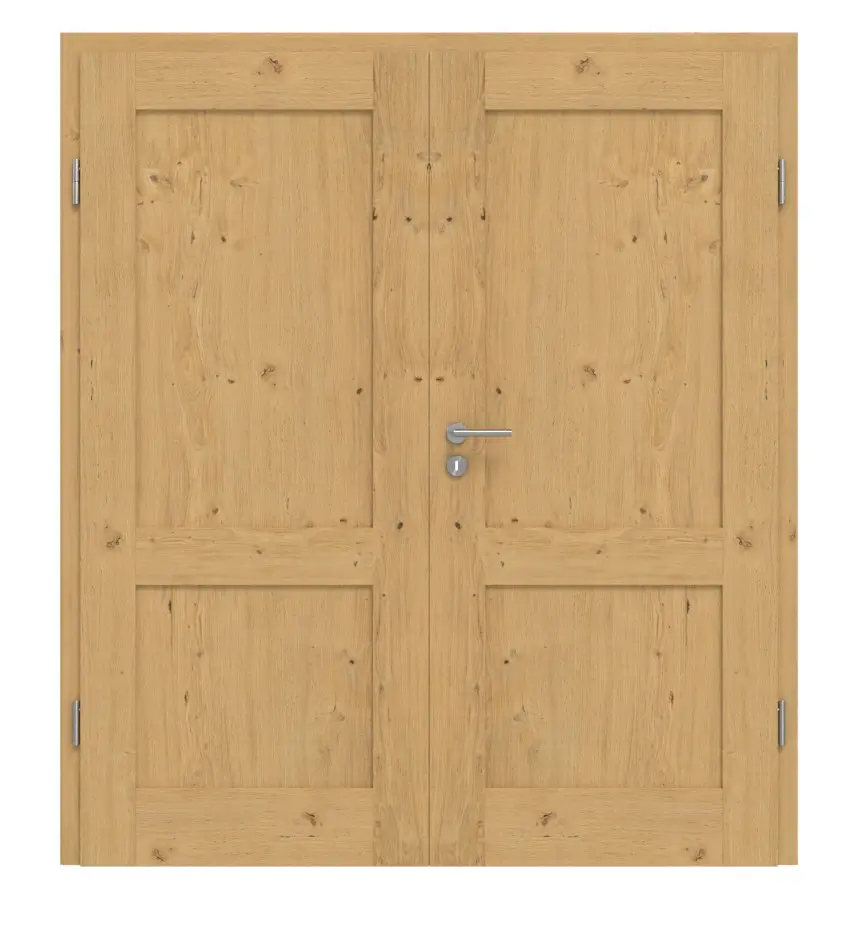 Widok frontowy drzwi dwuskrzydłowych TM-2 dąb sękaty drewno lite z ościeżnicą