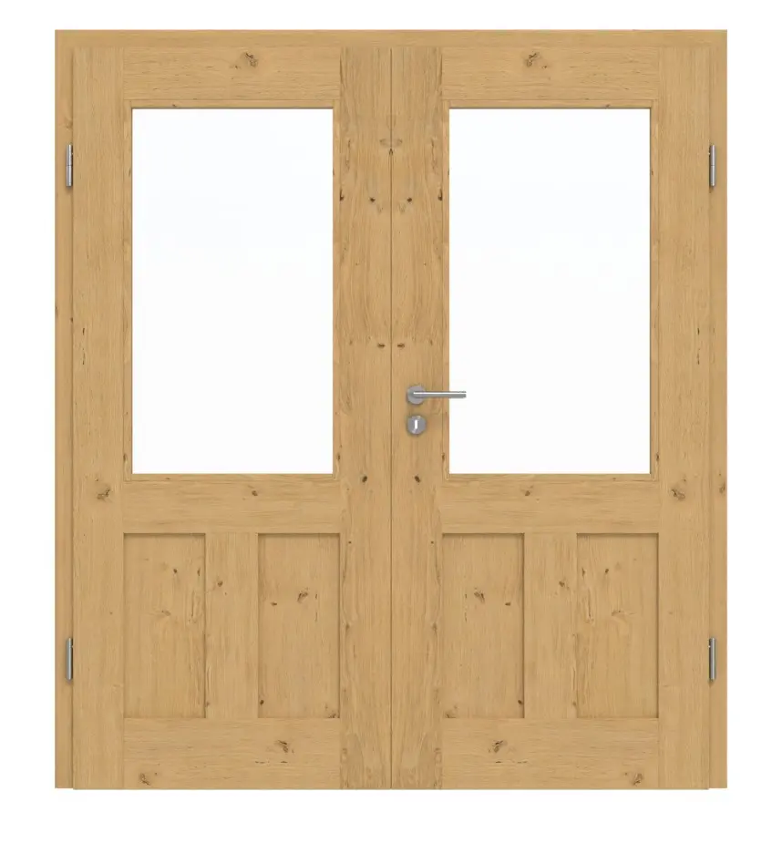 Widok frontowy drzwi dwuskrzydłowych TM-21 dąb sękaty drewno lite z ościeżnicą
