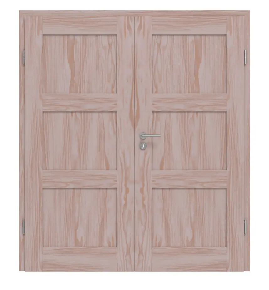 Widok frontowy drzwi dwuskrzydłowych TM-6 Świerk bezsęczny drewno lite z ościeżnicą
