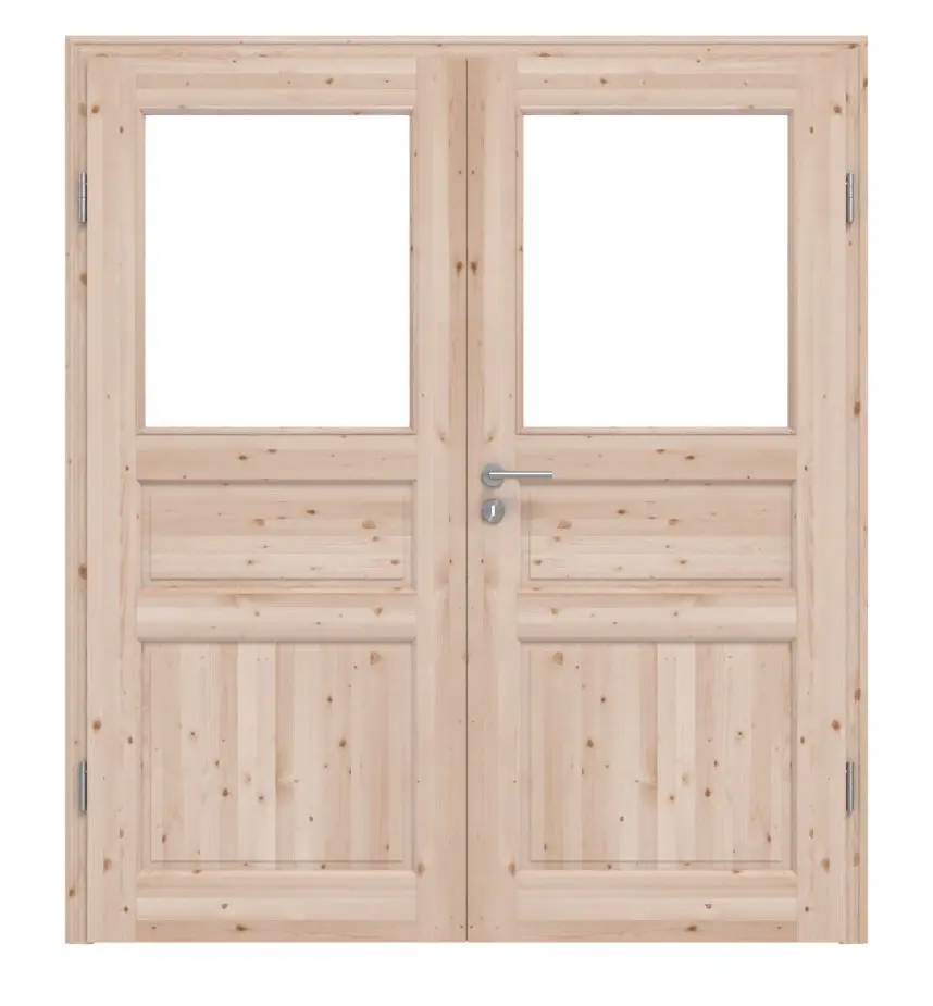 KILSGAARD Drzwi podwójne Typ 02-03 z litego drewna świerkowego z przeszkleniem i ościeżnicą