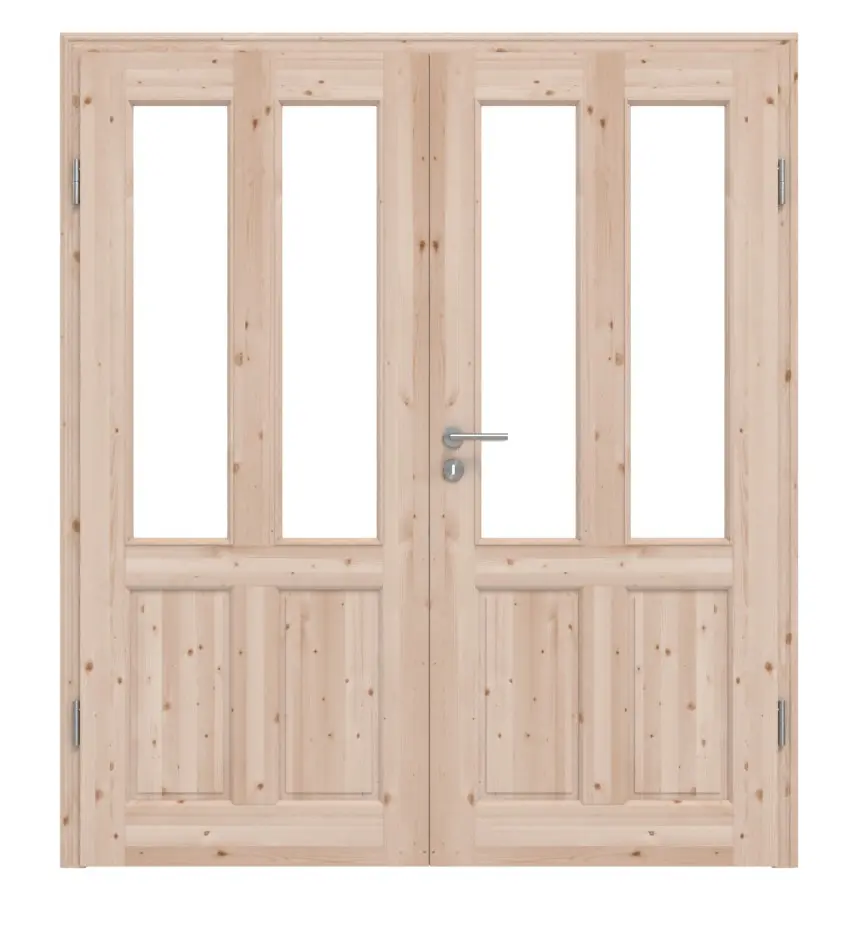 KILSGAARD drzwi dwuskrzydłowe typ 02-04 z litego drewna świerkowego z przeszkleniem LA 2 z ościeżnicą