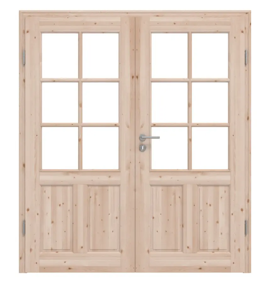 KILSGAARD Drzwi podwójne Typ 02-04 z litego drewna świerkowego z ramą z przeszkleń SP-6 z ościeżnicą