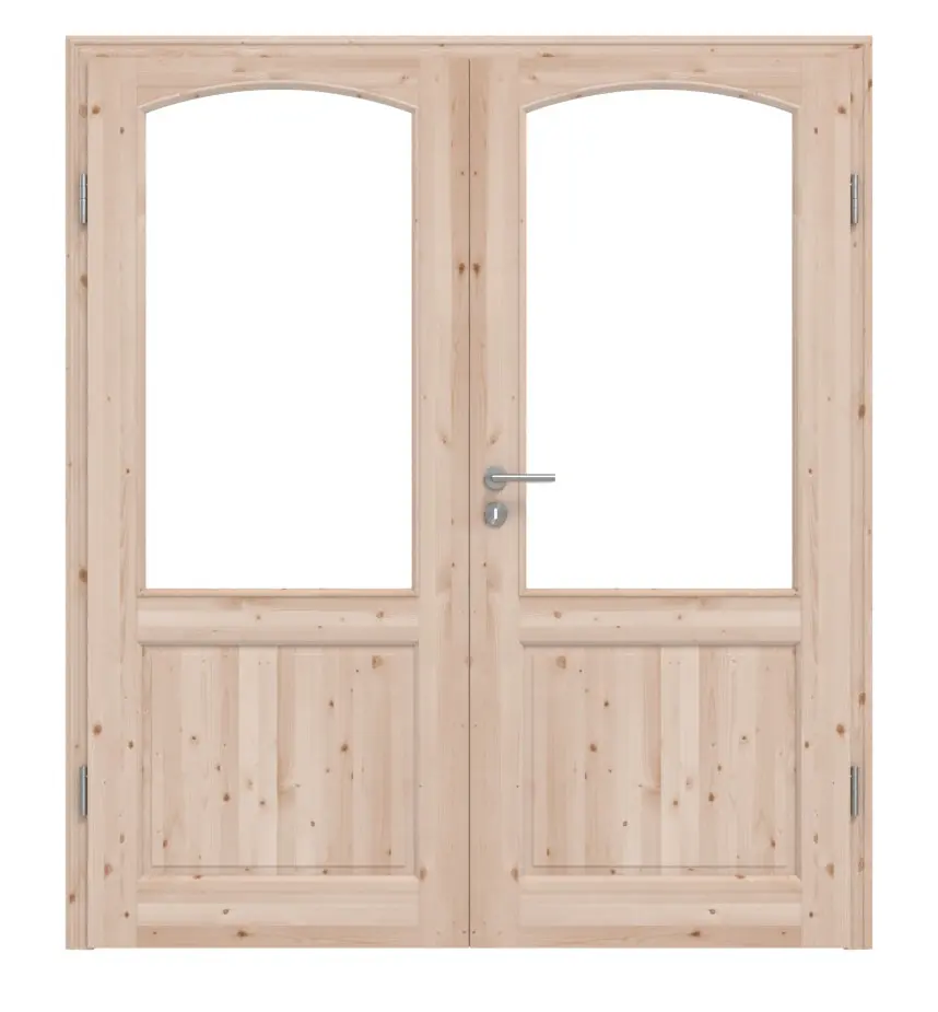 KILSGAARD Drzwi podwójne Typ 02 Świerk Lite drewno z przeszkleniem po stronie zawiasów z ościeżnicą