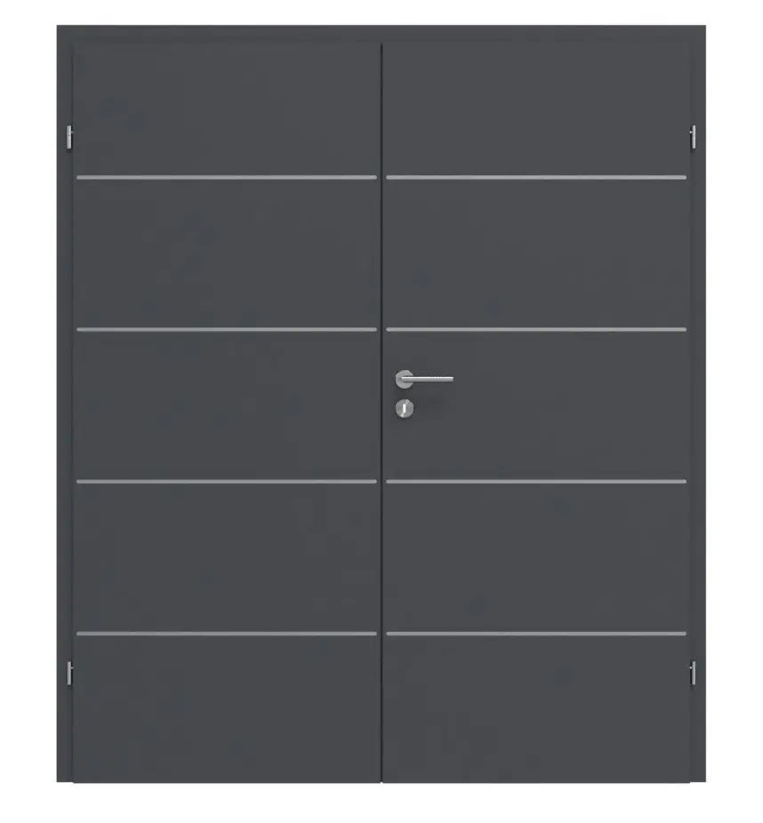 Widok frontowy drzwi dwuskrzydłowych CLASSEN Natura HK/HB Venom Alu M1, szary grafitowy RAL 7024 CPL z ościeżnicą.