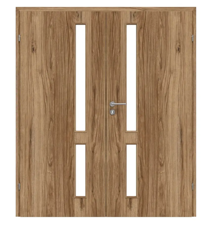 Widok frontowy drzwi dwuskrzydłowych Zano M3 honey Catania folia dekoracyjna z przeszkleniem i ościeżnicą