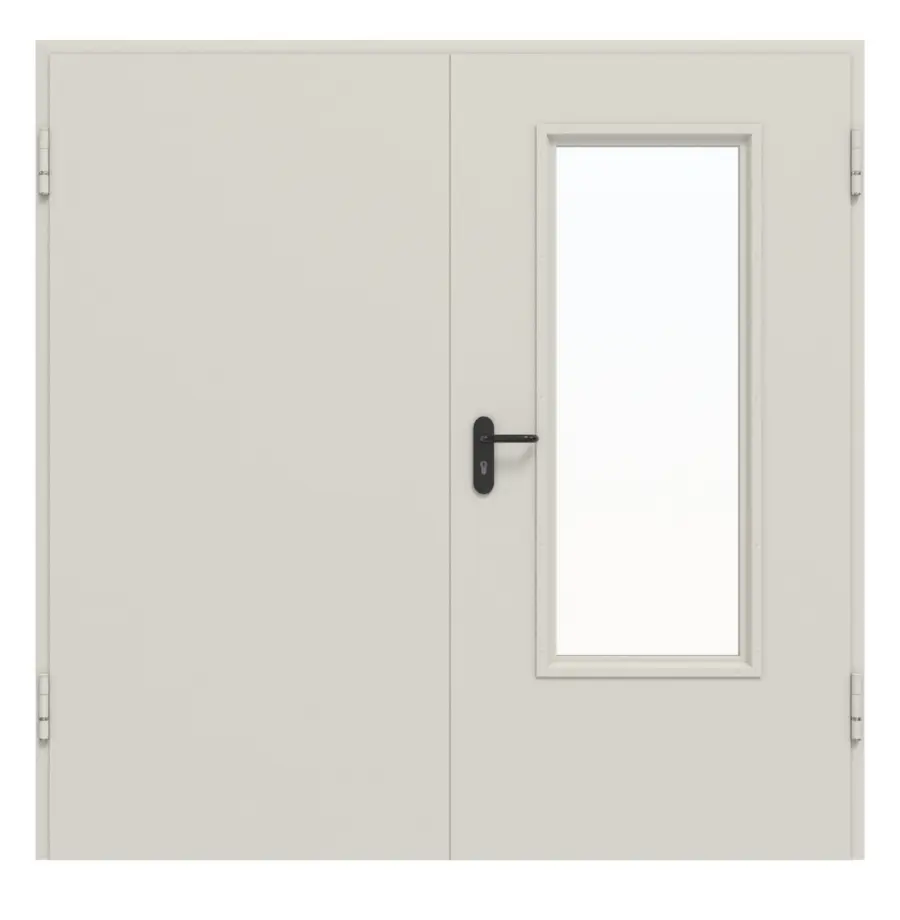 Widok frontowy zestawu drzwi wewnętrznych – stalowe drzwi wielofunkcyjne D65-2 OD z LA-B3 w aktywnym skrzydle, z ościeżnicą narożną i uzupełniającą Vario B53 - Hörmann.