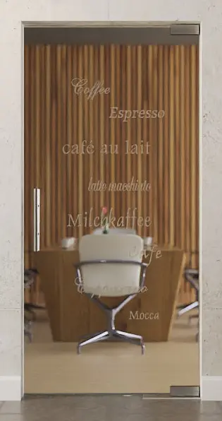 Zdjęcie motywu Cafe 2 matowy drzwi wahadłowe szklane DORMA Mundus BTS wariant 1 - Erkelenz