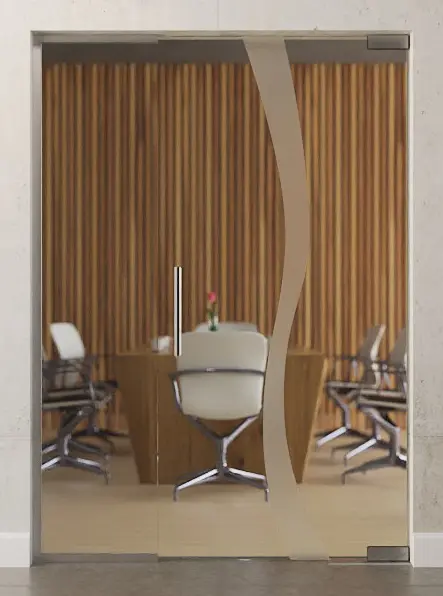 Zdjęcie szklanych drzwi wahadłowych Bergamo z motywem matowym i stałym elementem bocznym DORMA Mundus BTS wariant 2 - Erkelenz