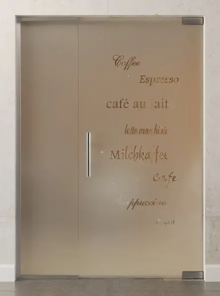 Zdjęcie drzwi wahadłowych szklanych z motywem Cafe 2, szkło przezroczyste, ze stałym elementem bocznym DORMA Mundus BTS Wariant 2 - Erkelenz