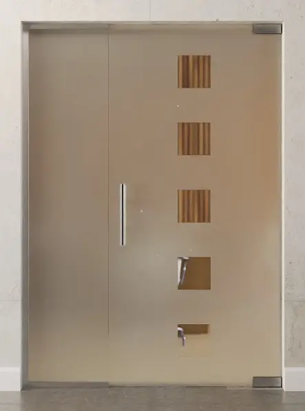 Zdjęcie szklanych drzwi wahadłowych Cinque motyw przezroczysty ze stałym elementem bocznym DORMA Mundus BTS wariant 2 - Erkelenz